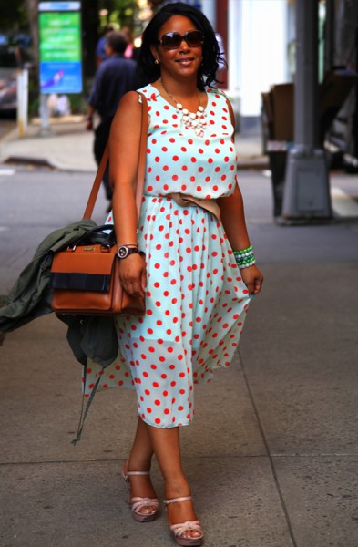 My style: Mint and coral polka dot dress, Kate Spade Bow Bridge Little Kennedy Shoulder Bag, Vince Camuto Toleo Snake-Embossed Platform Sandals, Fendi sunglasses