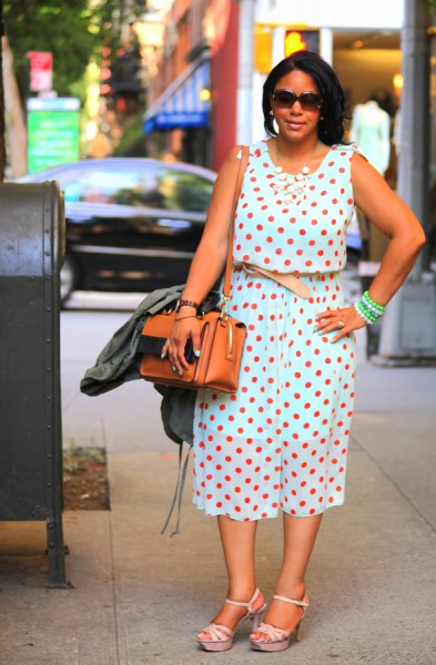 My style: Mint and coral polka dot dress, Kate Spade Bow Bridge Little Kennedy Shoulder Bag, Vince Camuto Toleo Snake-Embossed Platform Sandals, Fendi sunglasses