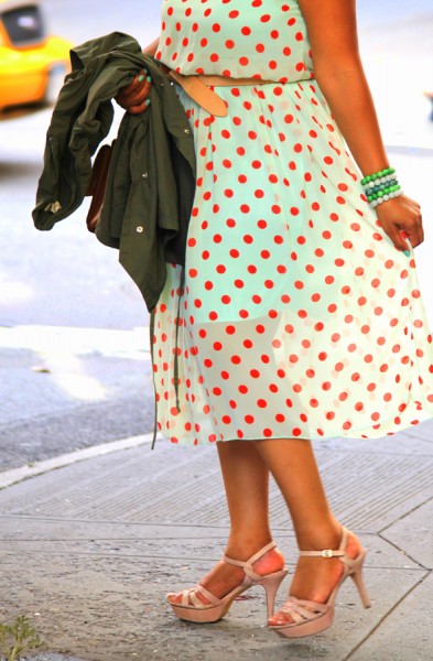 My style: Mint and coral polka dot dress, Kate Spade Bow Bridge Little Kennedy Shoulder Bag, Vince Camuto Toleo Snake-Embossed Platform Sandals, Fendi sunglasses