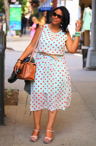 My style: Mint and coral polka dot dress, Kate Spade Bow Bridge Little Kennedy Shoulder Bag, Vince Camuto Toleo Snake-Embossed Platform Sandals, Fendi sunglasses