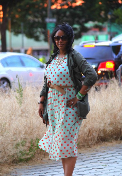 My style: Mint and coral polka dot dress, Kate Spade Bow Bridge Little Kennedy Shoulder Bag, Vince Camuto Toleo Snake-Embossed Platform Sandals, Fendi sunglasses