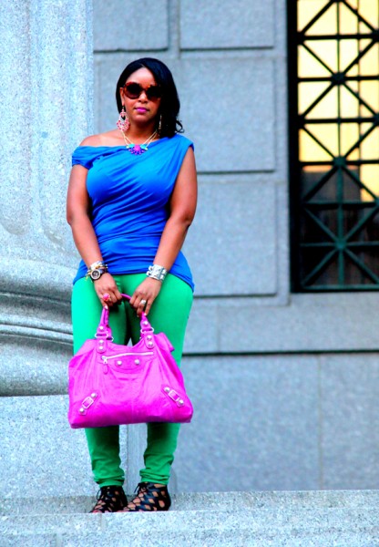 My style: Friday night brights - blue Tart 'Helen' top + green Gap skinny jeans + LOFT Frida Caged Wedge sandals + Balenciaga Giant Midday bag in Magenta + Prada Baroque Round sunglasses, Vince Camuto studded cuff, Yochi Design Zipper Bracelets, Rachel Leigh Gumball ring, Fossil 'Stella' Watch