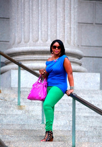 My style: Friday night brights - blue Tart 'Helen' top + green Gap skinny jeans + LOFT Frida Caged Wedge sandals + Balenciaga Giant Midday bag in Magenta + Prada Baroque Round sunglasses, Vince Camuto studded cuff, Yochi Design Zipper Bracelets, Rachel Leigh Gumball ring, Fossil 'Stella' Watch