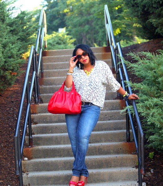 My style: Daniel Rainn heart blouse, Seven7 jeans, J. Crew bubble necklace, Marc by Marc Jacobs red satchel, Zara patent leather bow sandals