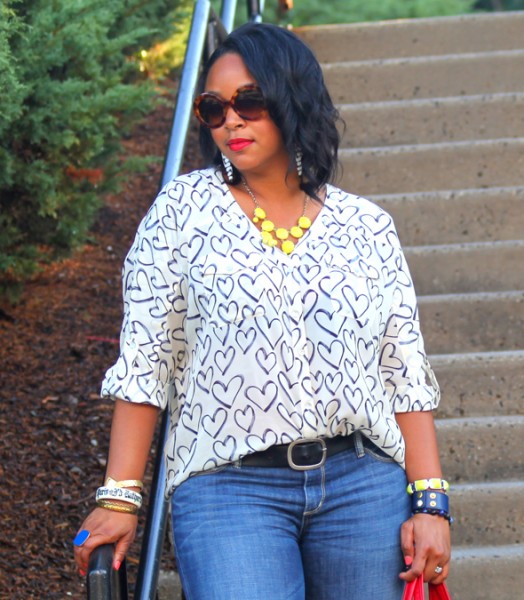 My style: Daniel Rainn heart blouse, Seven7 jeans, J. Crew bubble necklace, Marc by Marc Jacobs red satchel, Zara patent leather bow sandals