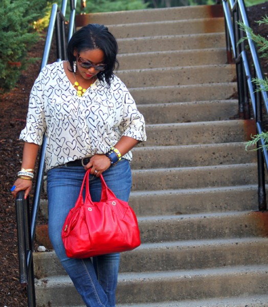 My style: Daniel Rainn heart blouse, Seven7 jeans, J. Crew bubble necklace, Marc by Marc Jacobs red satchel, Zara patent leather bow sandals