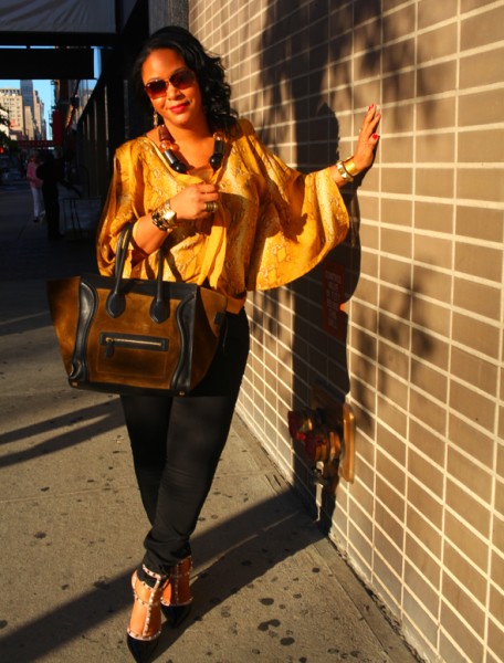 My style: Snakes and studs at New York Fashion Week - Exclusive For Intermix snake print butterfly blouse, H&M chunky resin necklace & pants, Valentino Rockstud kitten heels, Celine suede and Leather Luggage Tote, Ray-Ban sunglasses