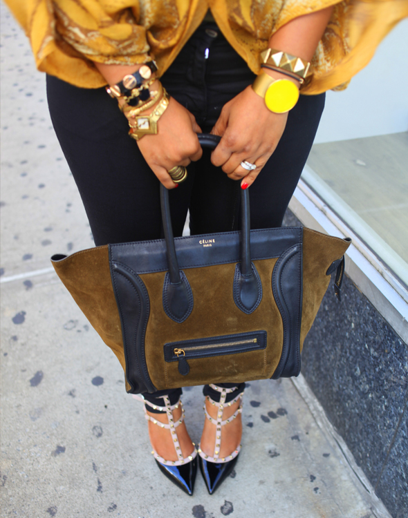 My style: Snakes and studs at New York Fashion Week - Exclusive For Intermix snake print butterfly blouse, H&M chunky resin necklace & pants, Valentino Rockstud kitten heels, Celine suede and Leather Luggage Tote, Ray-Ban sunglasses