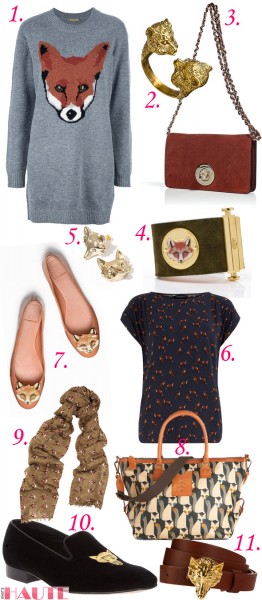 Feelin' foxy: Fox-inspired fashion and accessories, PETER JENSEN PJ FOX JUMPER DRESS GREY, BoyNYC Fox Ring, Mulberry Brown fox lock wallet clutch, Tory Burch 'Fox Face' Cuff, Princess vera wang gold tone simulated crystal fox