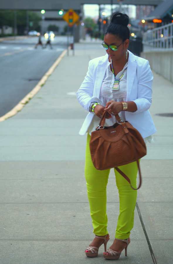 My style: neons and neutrals (white H&M blazer, white Boundary & Co. peplum top, Maya Brenner 'Pennsylvania' state necklace, neon yellow Forever 21 jeans, Vince Camuto 'Toleo' sandals, Furla bag, Icing mirrored sunglasses, Jewelmint necklace, Joe Fresh bracelets, FCUK watch)