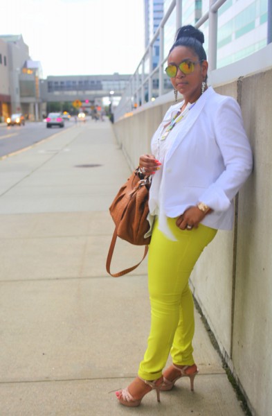 My style: neons and neutrals (white H&M blazer, white Boundary & Co. peplum top, Maya Brenner 'Pennsylvania' state necklace, neon yellow Forever 21 jeans, Vince Camuto 'Toleo' sandals, Furla bag, Icing mirrored sunglasses, Jewelmint necklace, Joe Fresh bracelets, FCUK watch)