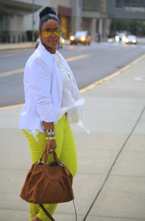 My style: neons and neutrals (white H&M blazer, white Boundary & Co. peplum top, Maya Brenner 'Pennsylvania' state necklace, neon yellow Forever 21 jeans, Vince Camuto 'Toleo' sandals, Furla bag, Icing mirrored sunglasses, Jewelmint necklace, Joe Fresh bracelets, FCUK watch)