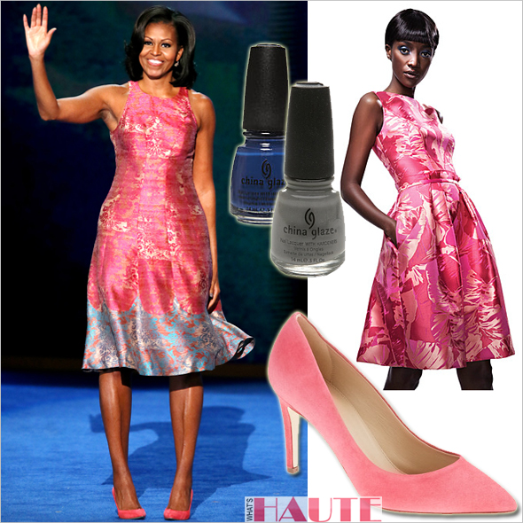 What she wore - First Lady Michelle Obama at the 2012 Democratic National Convention in custom Tracy Reese pink Colwyn brocade dress, blue gray nail polish, J. Crew Everly suede pumps, get the look 