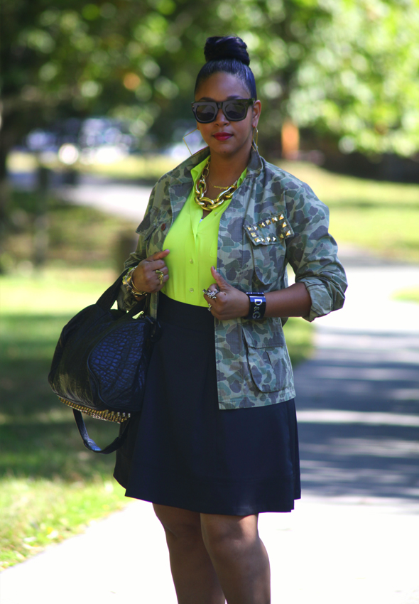 My style: What Goes Around Comes Around camo jacket, Equipment neon green silk blouse, Zara skirt, Alexander Wang Rocco duffel, Valentino Rockstud pumps, Ben Amun gold link necklace, D&G resin cuff, Lanvin for H&M men's sunglasses