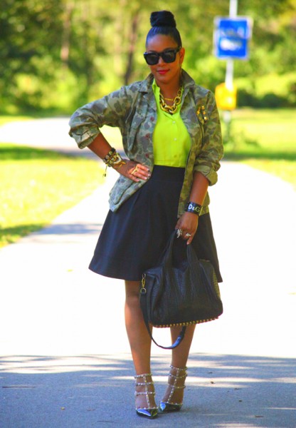 My style: What Goes Around Comes Around camo jacket, Equipment neon green silk blouse, Zara skirt, Alexander Wang Rocco duffel, Valentino Rockstud pumps, Ben Amun resin link necklace, D&G resin cuff, Lanvin for H&M men's sunglasses