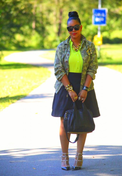 My style: What Goes Around Comes Around camo jacket, Equipment neon green silk blouse, Zara skirt, Alexander Wang Rocco duffel, Valentino Rockstud pumps, Ben Amun resin link necklace, D&G resin cuff, Lanvin for H&M men's sunglasses