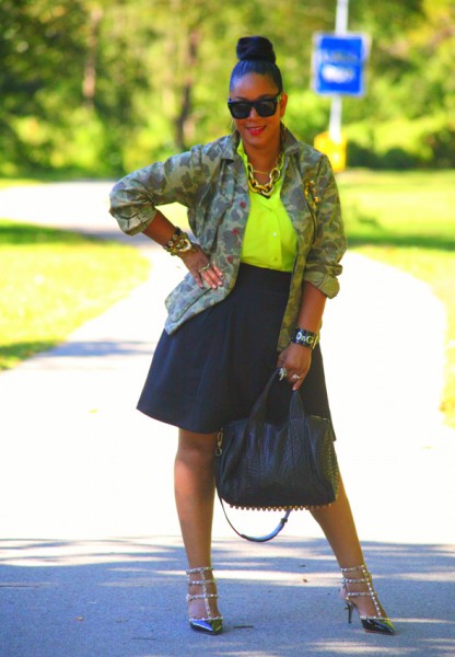 My style: What Goes Around Comes Around camo jacket, Equipment neon green silk blouse, Zara skirt, Alexander Wang Rocco duffel, Valentino Rockstud pumps, Ben Amun resin link necklace, D&G resin cuff, Lanvin for H&M men's sunglasses