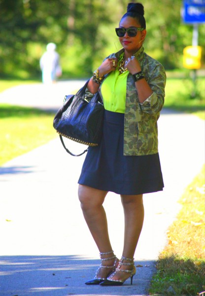 My style: What Goes Around Comes Around camo jacket, Equipment neon green silk blouse, Zara skirt, Alexander Wang Rocco duffel, Valentino Rockstud pumps, Ben Amun resin link necklace, D&G resin cuff, Lanvin for H&M men's sunglasses