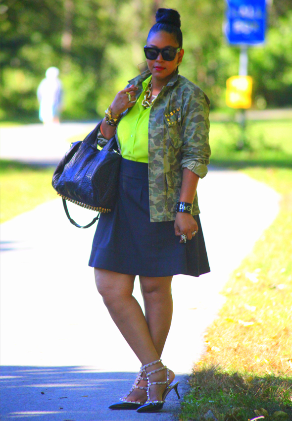 My style: What Goes Around Comes Around camo jacket, Equipment neon green silk blouse, Zara skirt, Alexander Wang Rocco duffel, Valentino Rockstud pumps, Ben Amun gold link necklace, D&G resin cuff, Lanvin for H&M men's sunglasses