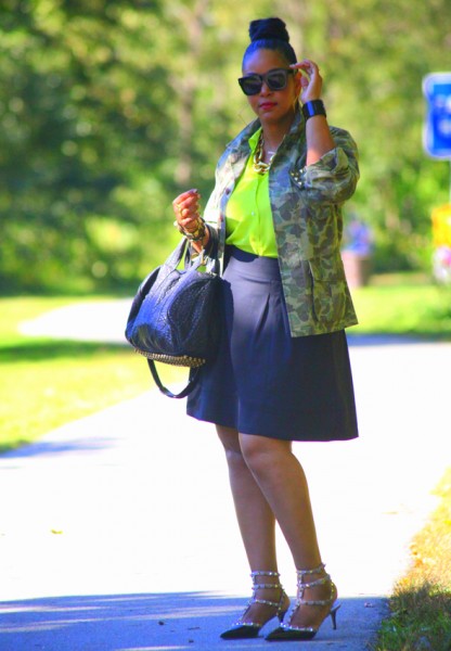 My style: What Goes Around Comes Around camo jacket, Equipment neon green silk blouse, Zara skirt, Alexander Wang Rocco duffel, Valentino Rockstud pumps, Ben Amun resin link necklace, D&G resin cuff, Lanvin for H&M men's sunglasses