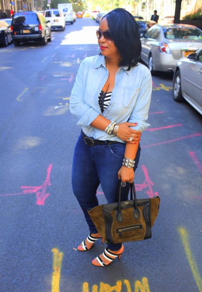 My style: Double denim; double stripes (UK Style by French Connection denim shirt, H&M striped crop top, Hudson Collin Mid Rise Skinny jeans in Soho, Bottega Veneta Three-tone leather sandals, Celine suede and Leather Luggage Tote, Ray-Ban sunglasses)