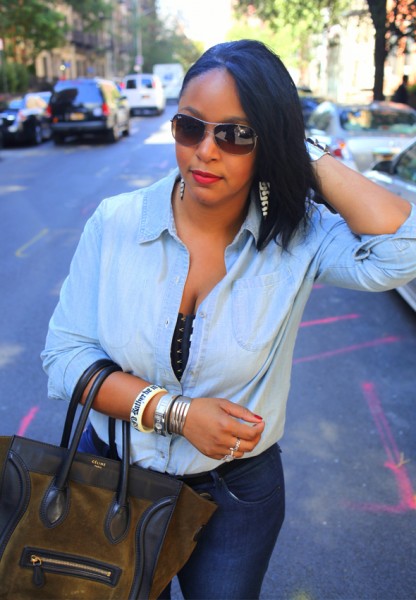 My style: Double denim; double stripes (UK Style by French Connection denim shirt, H&M striped crop top, Hudson Collin Mid Rise Skinny jeans in Soho, Bottega Veneta Three-tone leather sandals, Celine suede and Leather Luggage Tote, Ray-Ban sunglasses)