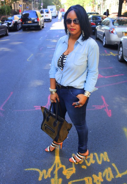 My style: Double denim; double stripes (UK Style by French Connection denim shirt, H&M striped crop top, Hudson Collin Mid Rise Skinny jeans in Soho, Bottega Veneta Three-tone leather sandals, Celine suede and Leather Luggage Tote, Ray-Ban sunglasses)