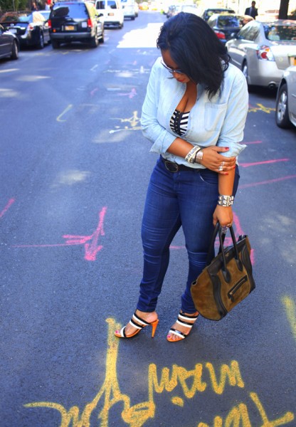 My style: Double denim; double stripes (UK Style by French Connection denim shirt, H&M striped crop top, Hudson Collin Mid Rise Skinny jeans in Soho, Bottega Veneta Three-tone leather sandals, Celine suede and Leather Luggage Tote, Ray-Ban sunglasses)