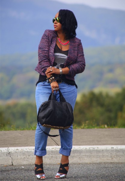 My style: Skulls in the mountains (H&M tweed blazer, e.vil skull tank H&M boyfriend jeans, silver Prada sandals, Alexander Wang 'Rocco' duffel, Icing mirrored sunglasses)