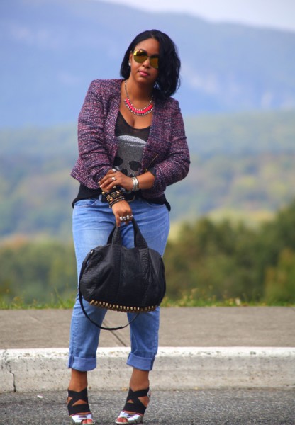 My style: Skulls in the mountains (H&M tweed blazer, e.vil skull tank H&M boyfriend jeans, silver Prada sandals, Alexander Wang 'Rocco' duffel, Icing mirrored sunglasses)