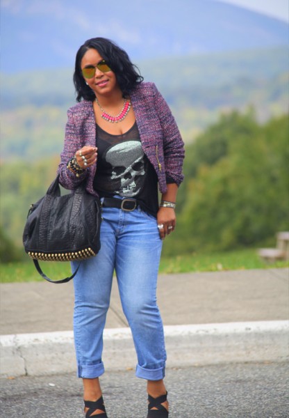 My style: Skulls in the mountains (H&M tweed blazer, e.vil skull tank H&M boyfriend jeans, silver Prada sandals, Alexander Wang 'Rocco' duffel, Icing mirrored sunglasses)