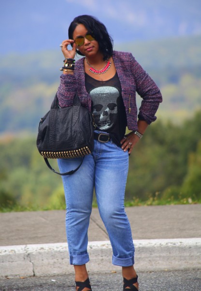 My style: Skulls in the mountains (H&M tweed blazer, e.vil skull tank H&M boyfriend jeans, silver Prada sandals, Alexander Wang 'Rocco' duffel, Icing mirrored sunglasses)