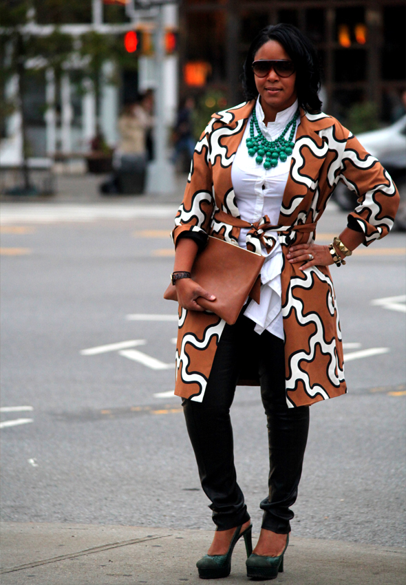 TJ Maxx Fall Score - daytime look (Tory Burch leather pants, Diane von Furstenberg squiggle print trench coat, Black blouse, Lisa for Donald J. Pliner pumps, Baublebar emerald bib necklace, YSL sunglasses, American Apparel leather pouch)