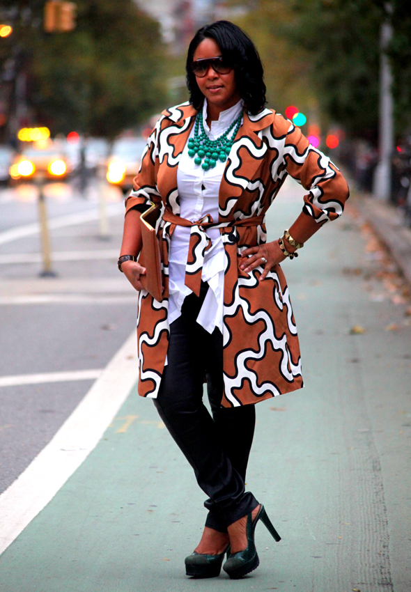 TJ Maxx Fall Score - daytime look (Tory Burch leather pants, Diane von Furstenberg squiggle print trench coat, Black blouse, Lisa for Donald J. Pliner pumps, Baublebar emerald bib necklace, YSL sunglasses, American Apparel leather pouch)