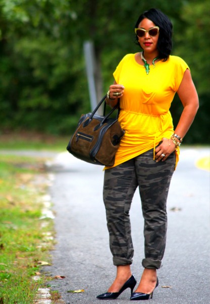 My style: Avaleigh yellow dress, Victoria's Secret camouflage pants, Celine bag, Zara heels, Anna Dello Russo at H&M sunglasses and alligator necklace