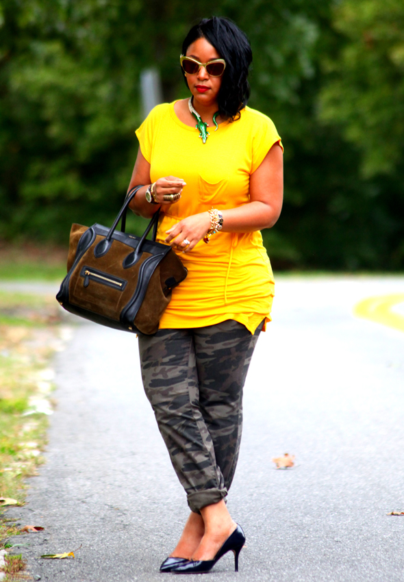 My style: Avaleigh yellow dress, Victoria's Secret camouflage pants, Celine bag, Zara heels, Anna Dello Russo at H&M sunglasses and alligator necklace