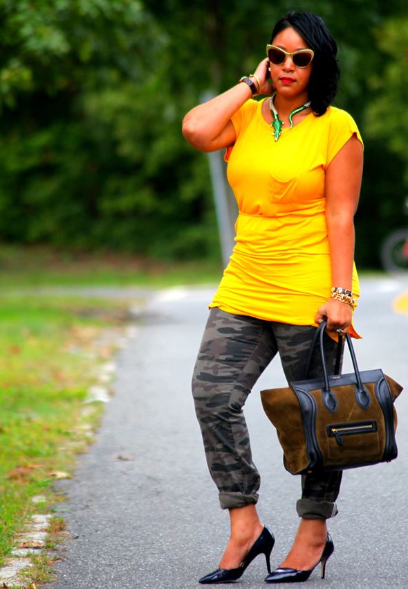 My style: Avaleigh yellow dress, Victoria's Secret camouflage pants, Celine bag, Zara heels, Anna Dello Russo at H&M sunglasses and alligator necklace