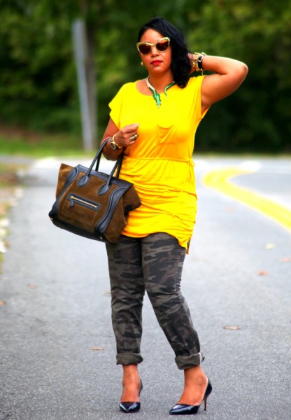 My style: Avaleigh yellow dress, Victoria's Secret camouflage pants, Celine bag, Zara heels, Anna Dello Russo at H&M sunglasses and alligator necklace