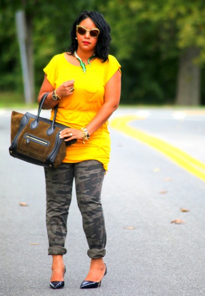 My style: Avaleigh yellow dress, Victoria's Secret camouflage pants, Celine bag, Zara heels, Anna Dello Russo at H&M sunglasses and alligator necklace