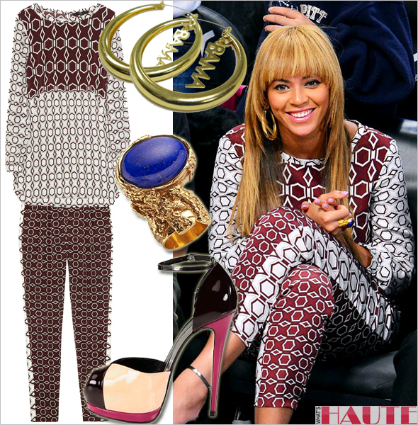 Get her haute look - Beyoncé in Tibi Silk printed blouse and pants Erika Peña Obama earrings, YSL Arty Ovale ring in Lapis blue and Giuseppe Zanotti Colorblock Patent Leather and Metallic Leather Platform Sandals