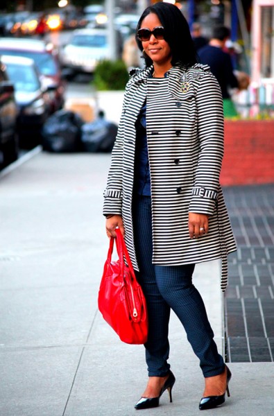 My style: LOFT Corded Dobby Striped Trench coat, striped ruffle front blouse, Jolt Reversible Houndstooth-Print Skinny Jeans, Marc by Marc Jacobs Special Salma satchel, Zara court shoes, ASOS Lion Head Chunky Link Necklace, Badgley Mischka Brooch