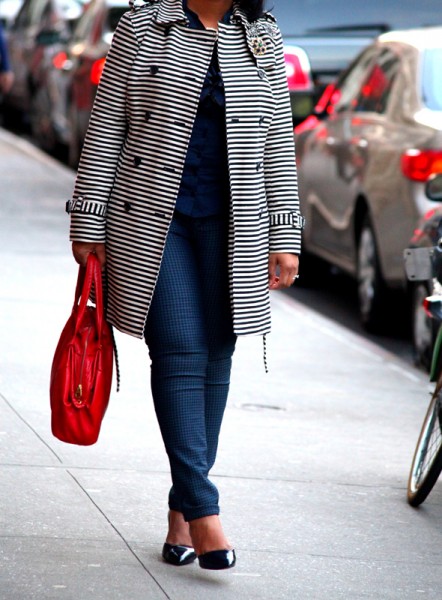 My style: LOFT Corded Dobby Striped Trench coat, striped ruffle front blouse, Jolt Reversible Houndstooth-Print Skinny Jeans, Marc by Marc Jacobs Special Salma satchel, Zara court shoes, ASOS Lion Head Chunky Link Necklace, Badgley Mischka Brooch