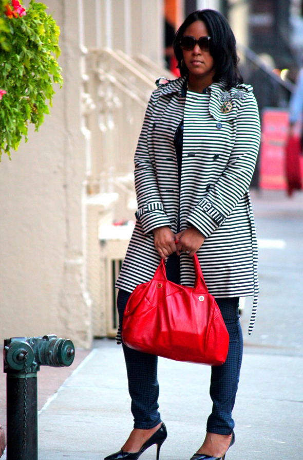 My style: LOFT Corded Dobby Striped Trench coat, striped ruffle front blouse, Jolt Reversible Houndstooth-Print Skinny Jeans, Marc by Marc Jacobs Special Salma satchel, Zara court shoes, ASOS Lion Head Chunky Link Necklace, Badgley Mischka Brooch