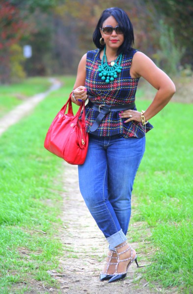 My style: ASOS Tartan peplum top, Seven7 jeans, Valentino Rockstud pumps, Baublebar emerald bib necklace, Marc by Marc Jacobs duffel bag