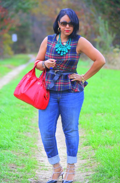 My style: ASOS Tartan peplum top, Seven7 jeans, Valentino Rockstud pumps, Baublebar emerald bib necklace, Marc by Marc Jacobs duffel bag