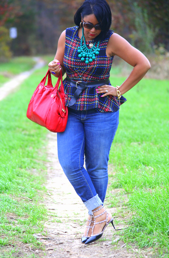 My style: ASOS Tartan peplum top, Seven7 jeans, Valentino Rockstud pumps, Baublebar emerald bib necklace, Marc by Marc Jacobs duffel bag