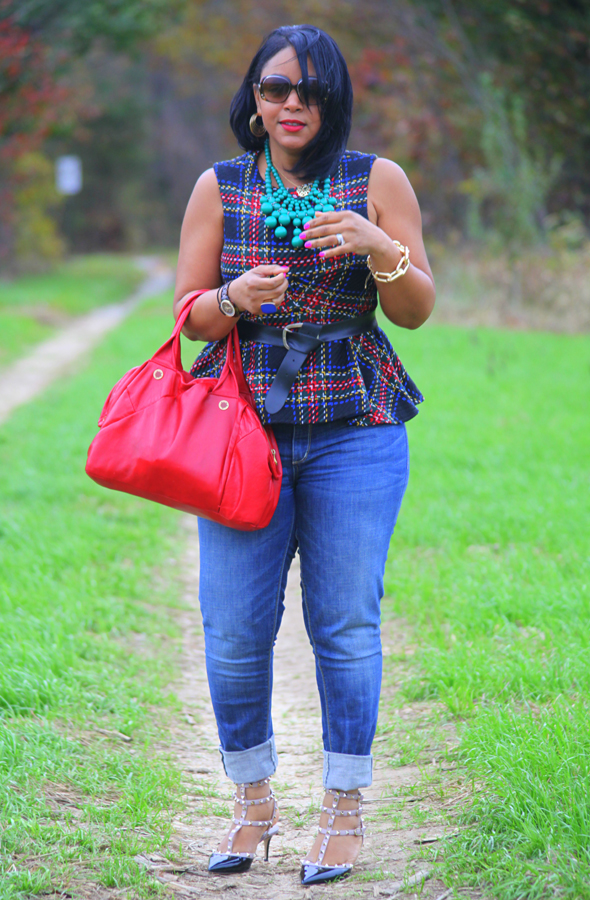 My style: ASOS Tartan peplum top, Seven7 jeans, Valentino Rockstud pumps, Baublebar emerald bib necklace, Marc by Marc Jacobs duffel bag