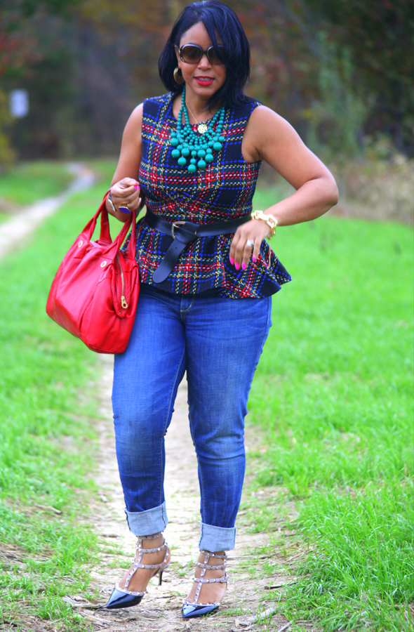 My style: ASOS Tartan peplum top, Seven7 jeans, Valentino Rockstud pumps, Baublebar emerald bib necklace, Marc by Marc Jacobs duffel bag