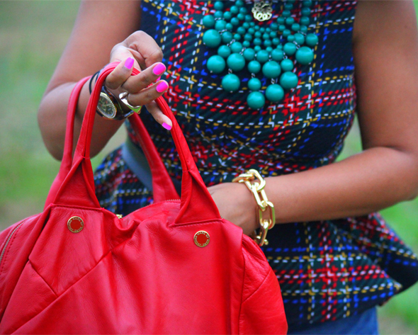 My style: ASOS Tartan peplum top, Seven7 jeans, Valentino Rockstud pumps, Baublebar emerald bib necklace, Marc by Marc Jacobs duffel bag