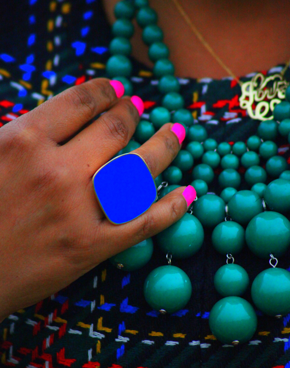 Detail shots: ASOS Tartan peplum top, Baublebar emerald bib necklace, Charming Statements - Round Monogram "Love" Pendant Necklace, Express ring